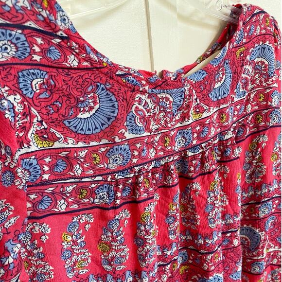 LOFT Petites Bright Coral Pink Blue floral Georgette Bohemian‎ Blouse - SP EUC - Picture 4 of 10